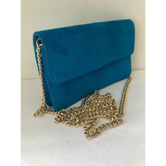 Banana Republic Italian Suede Chain Mini Clutch Laser BLUE Handbag Crossbody - Picture 7 of 12